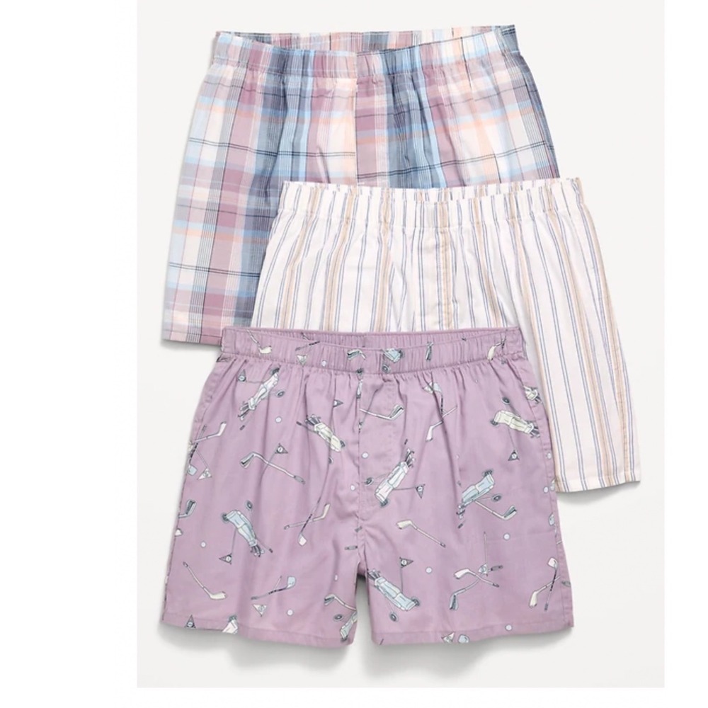 Old Navy Mens 3 Pack Boxer Shorts XXL Purple Golf Plaid Striped Woven Cotton NEW